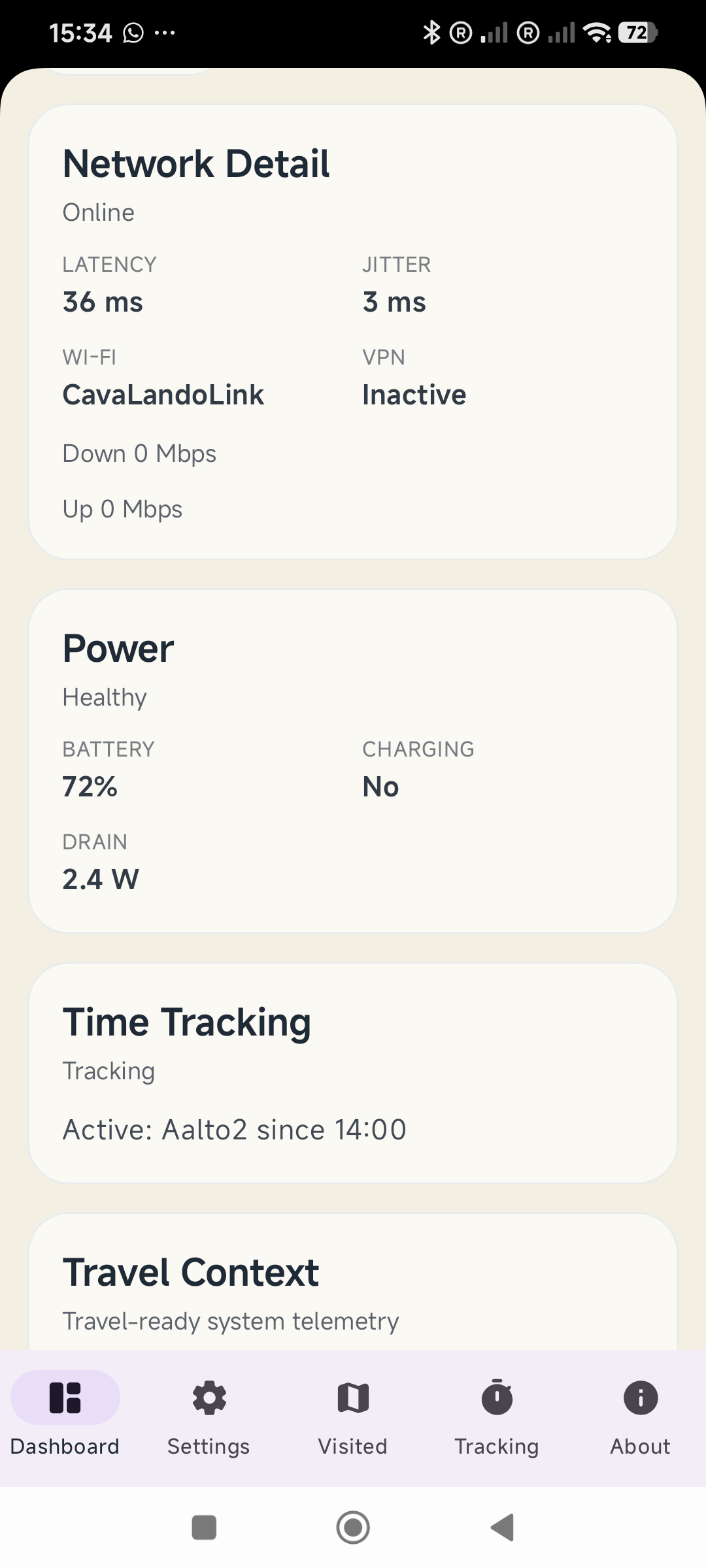 Nomad Dashboard Android preview showing dashboard cards for network detail, power, time tracking, and travel context
