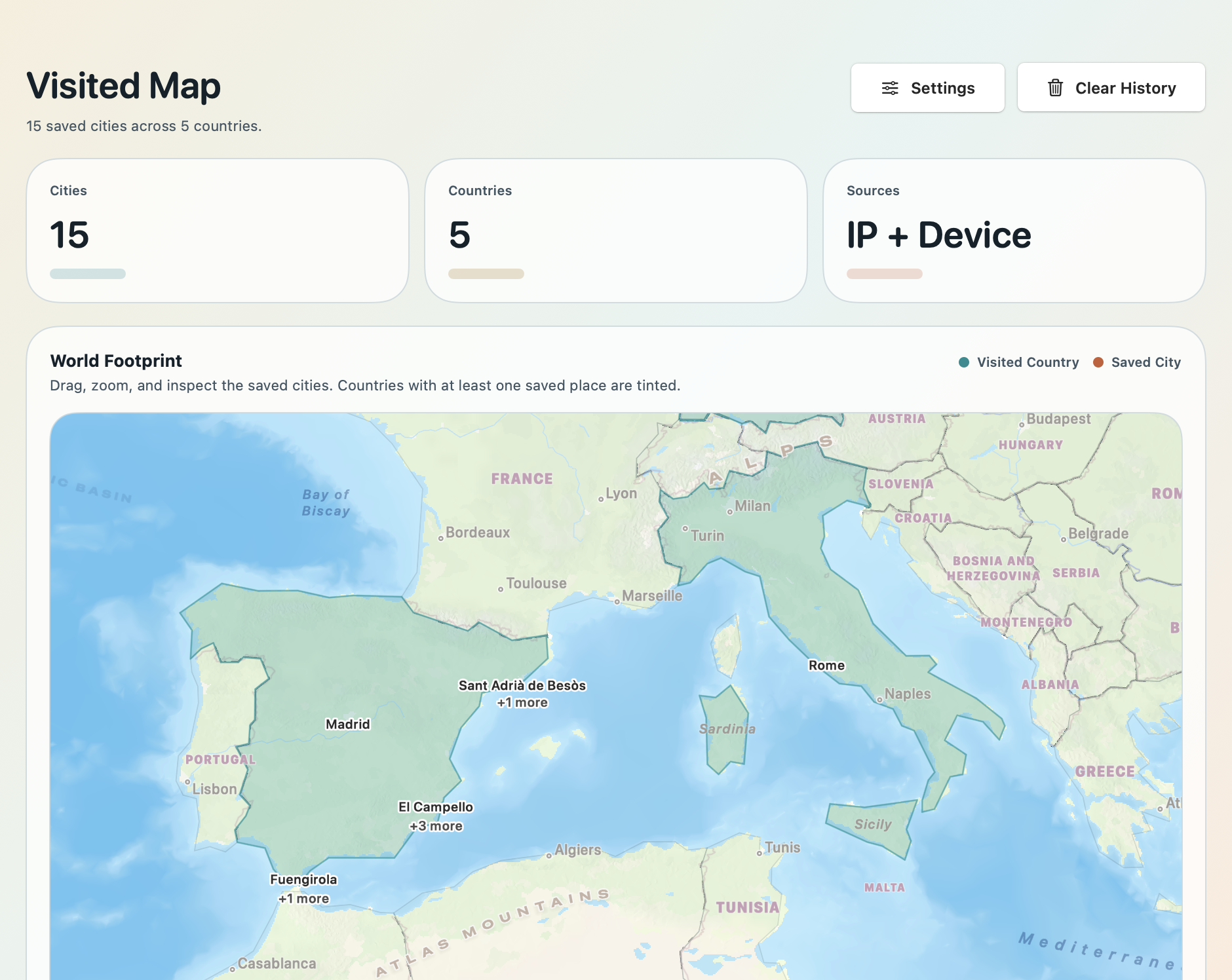 Nomad Dashboard visited map showing saved cities and countries